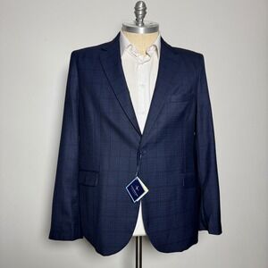 TAILORBYRD COLLECTION Mens 48R Navy Blue Plaid Wool Blend Sport Coat Blazer